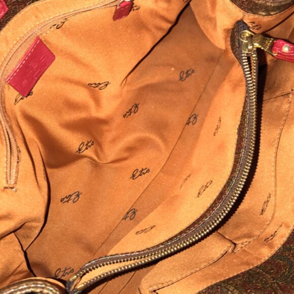 Etro (Authentic) Paisley Print Coated Canvas & Coral Pink Leather Large Bag VGUC - Picture 9 of 12